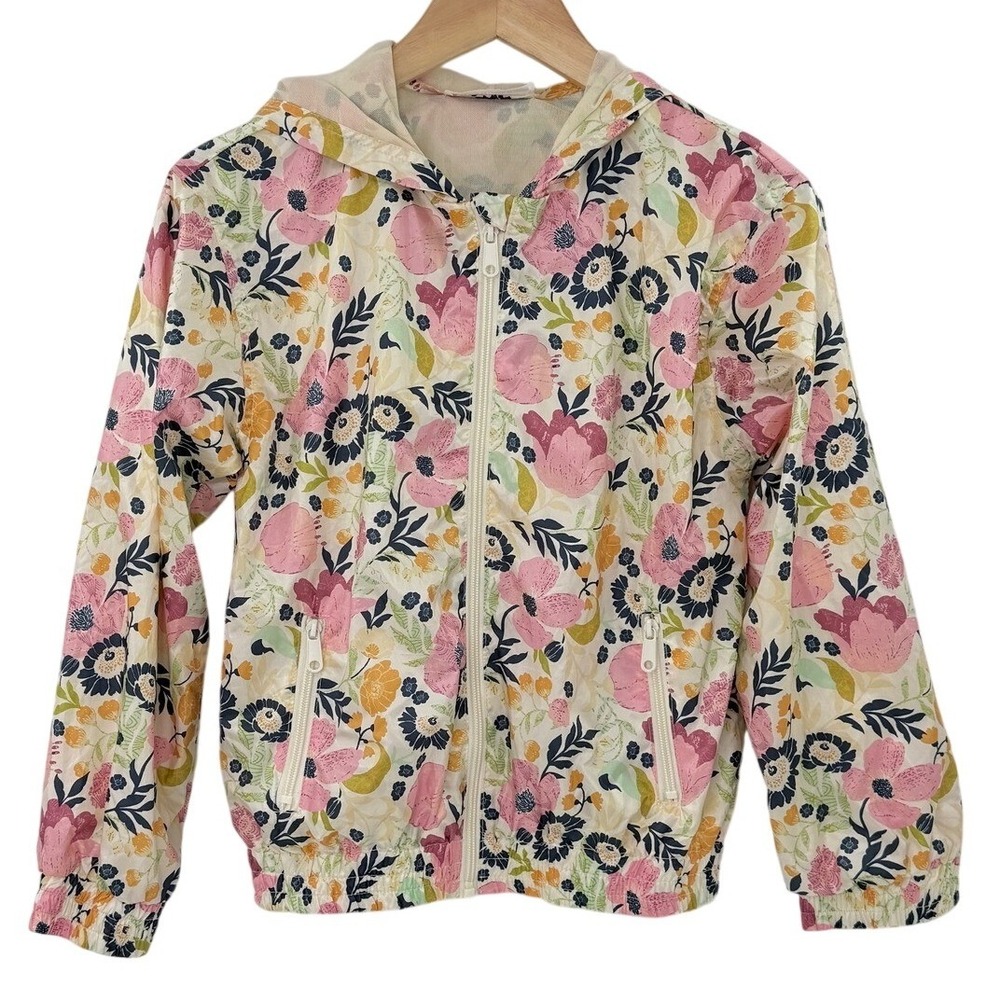 Evsie Girls XL 13/14 Floral Zip Up Hooded‎ Windbreaker Jacket Mesh Lined